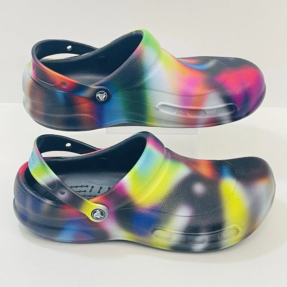Crocs‎ Clogs Men 12 Tie Dye Bistro Multi Color Graphic Slip Resistant Work EUC